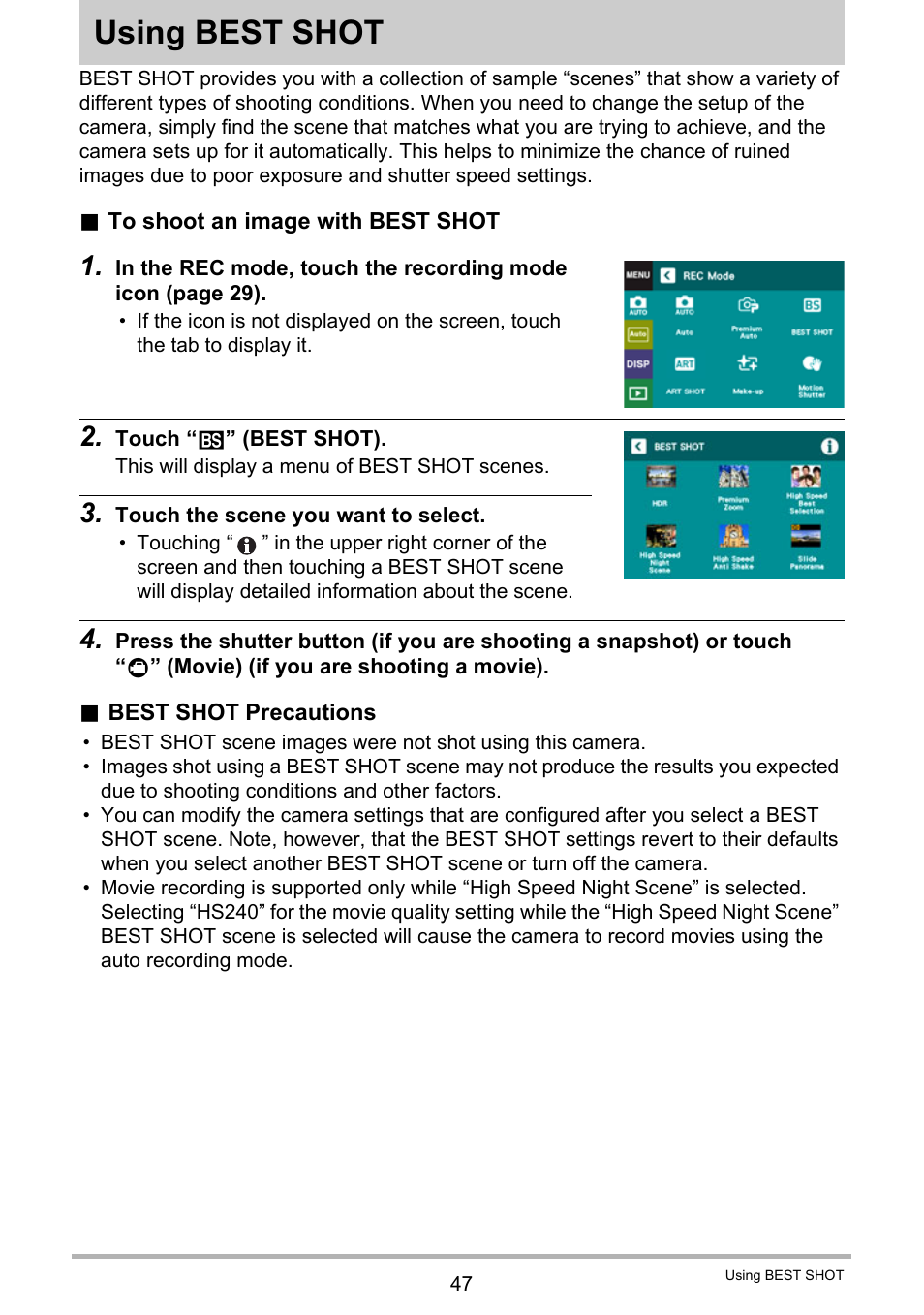 Using best shot | Casio EX-TR200 User Manual | Page 47 / 129