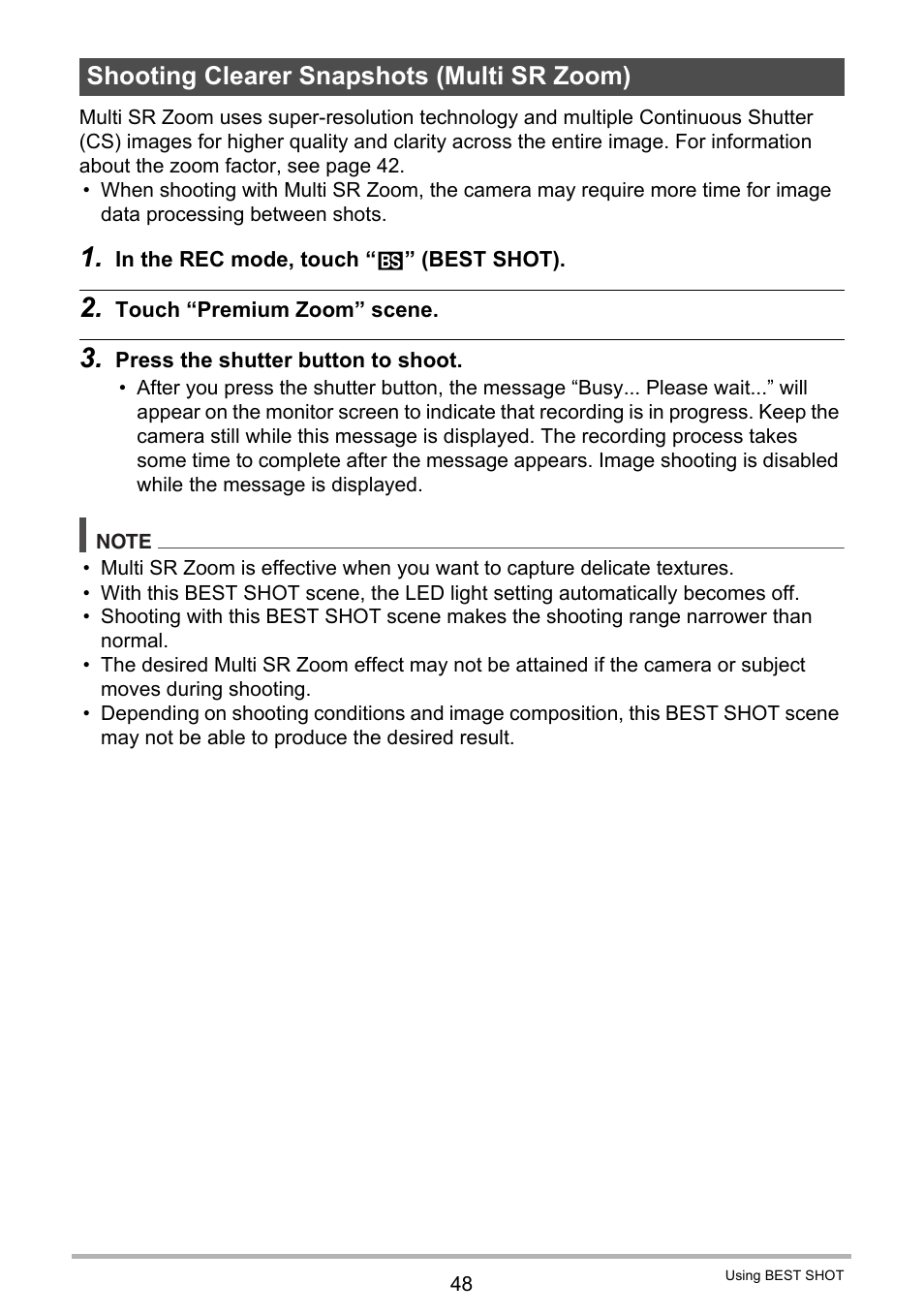 Shooting clearer snapshots (multi sr zoom) | Casio EX-TR200 User Manual | Page 48 / 129
