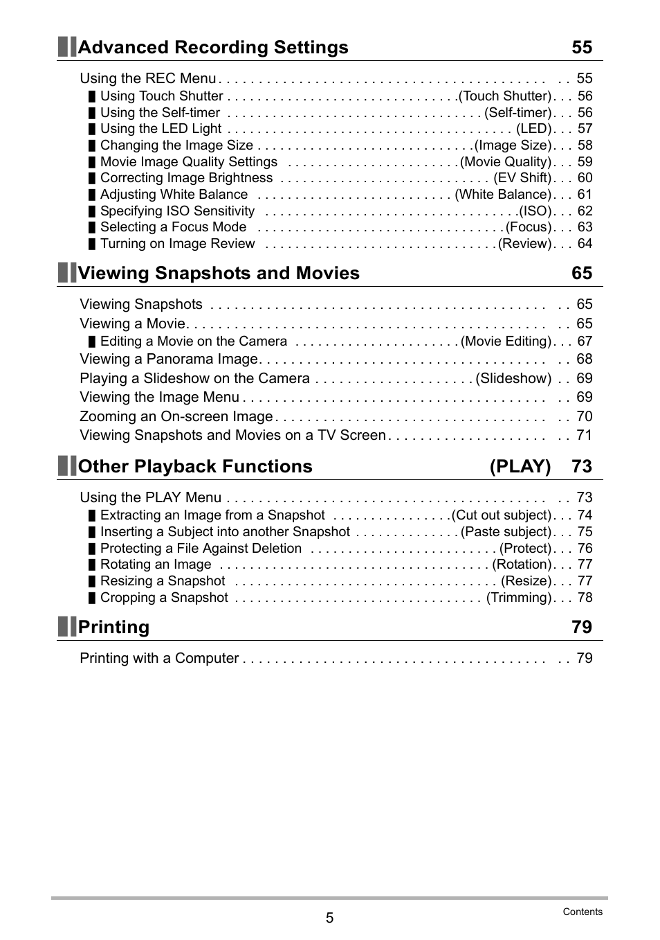 Advanced recording settings 55, Viewing snapshots and movies 65, Other playback functions (play) 73 | Printing 79 | Casio EX-TR200 User Manual | Page 5 / 129