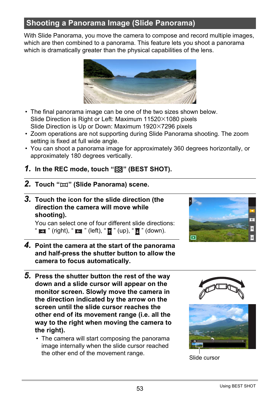 Shooting a panorama image (slide panorama) | Casio EX-TR200 User Manual | Page 53 / 129