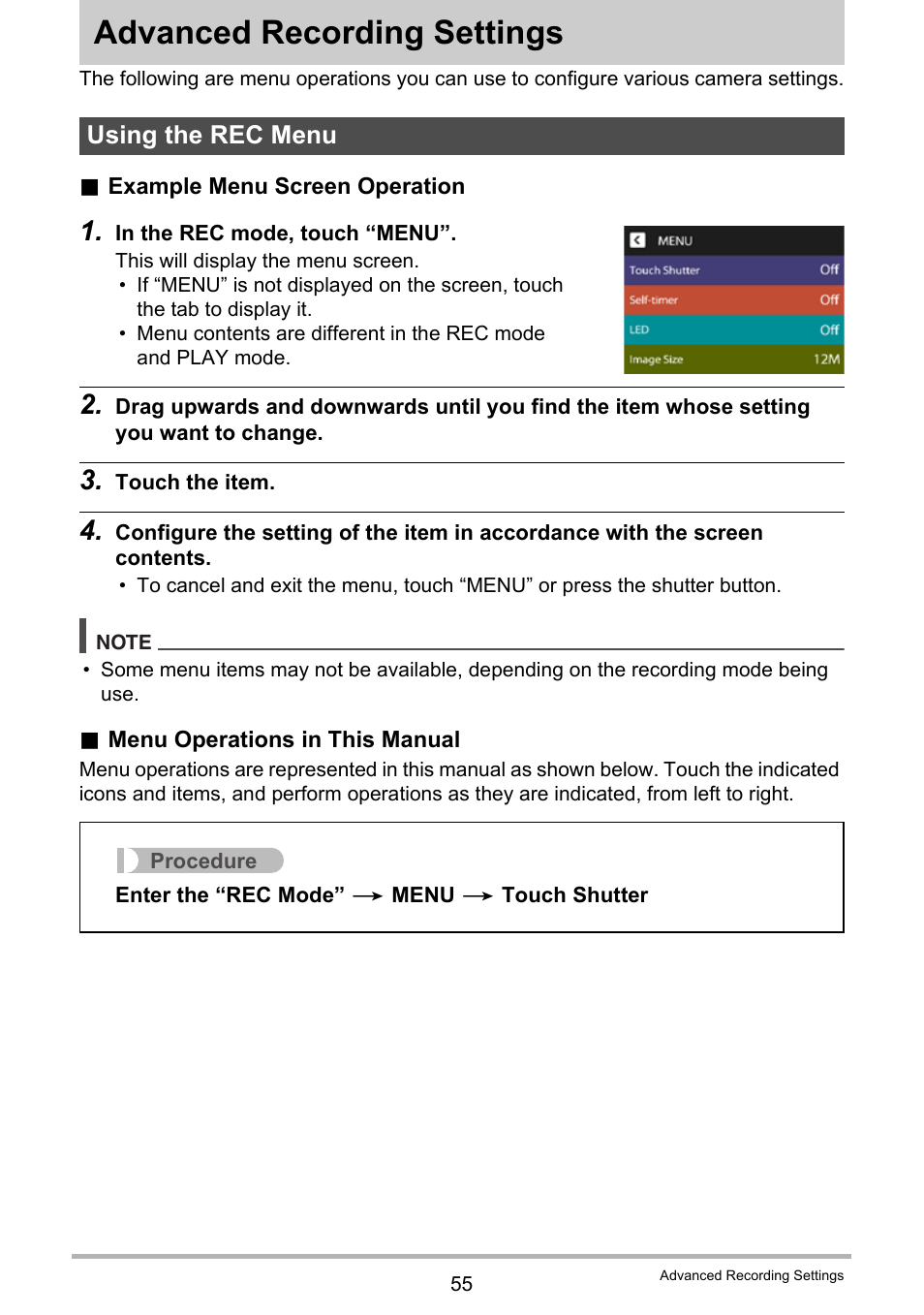 Advanced recording settings, Using the rec menu | Casio EX-TR200 User Manual | Page 55 / 129