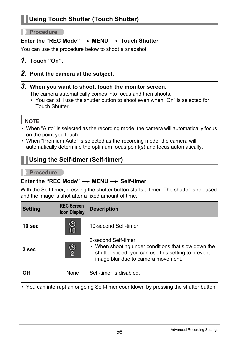 Using touch shutter (touch shutter), Using the self-timer (self-timer) | Casio EX-TR200 User Manual | Page 56 / 129