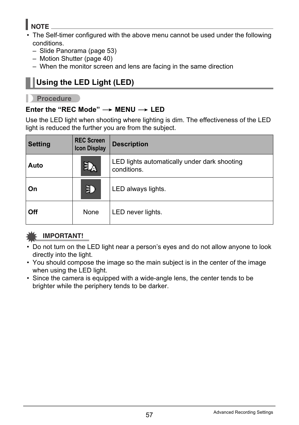 Using the led light (led) | Casio EX-TR200 User Manual | Page 57 / 129