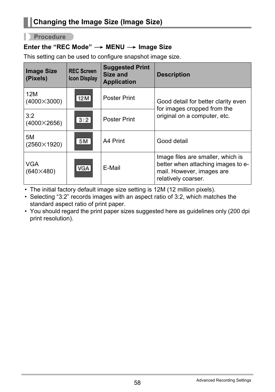 Changing the image size (image size), Ge 58 for | Casio EX-TR200 User Manual | Page 58 / 129