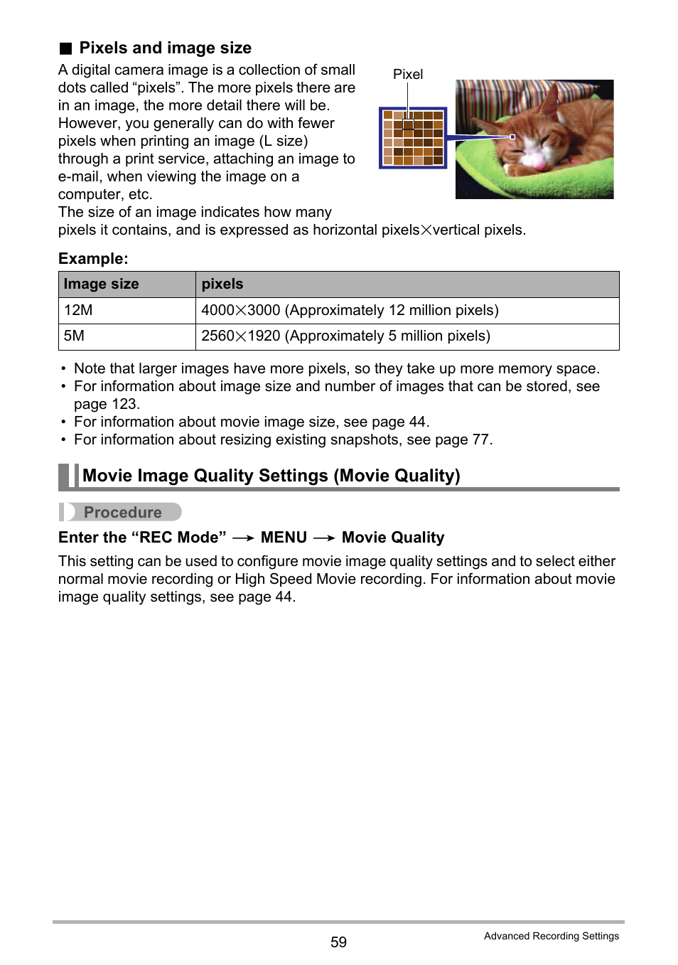Movie image quality settings (movie quality) | Casio EX-TR200 User Manual | Page 59 / 129