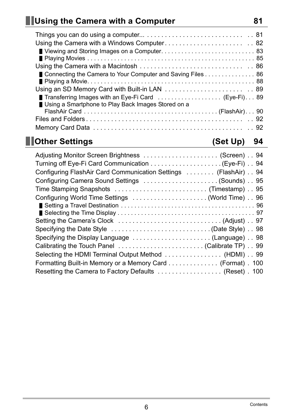 Using the camera with a computer 81, Other settings (set up) 94 | Casio EX-TR200 User Manual | Page 6 / 129