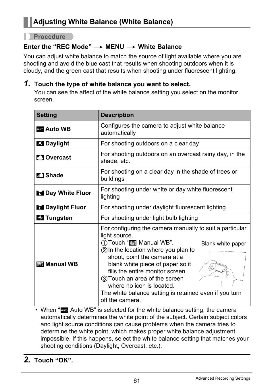 Adjusting white balance (white balance) | Casio EX-TR200 User Manual | Page 61 / 129