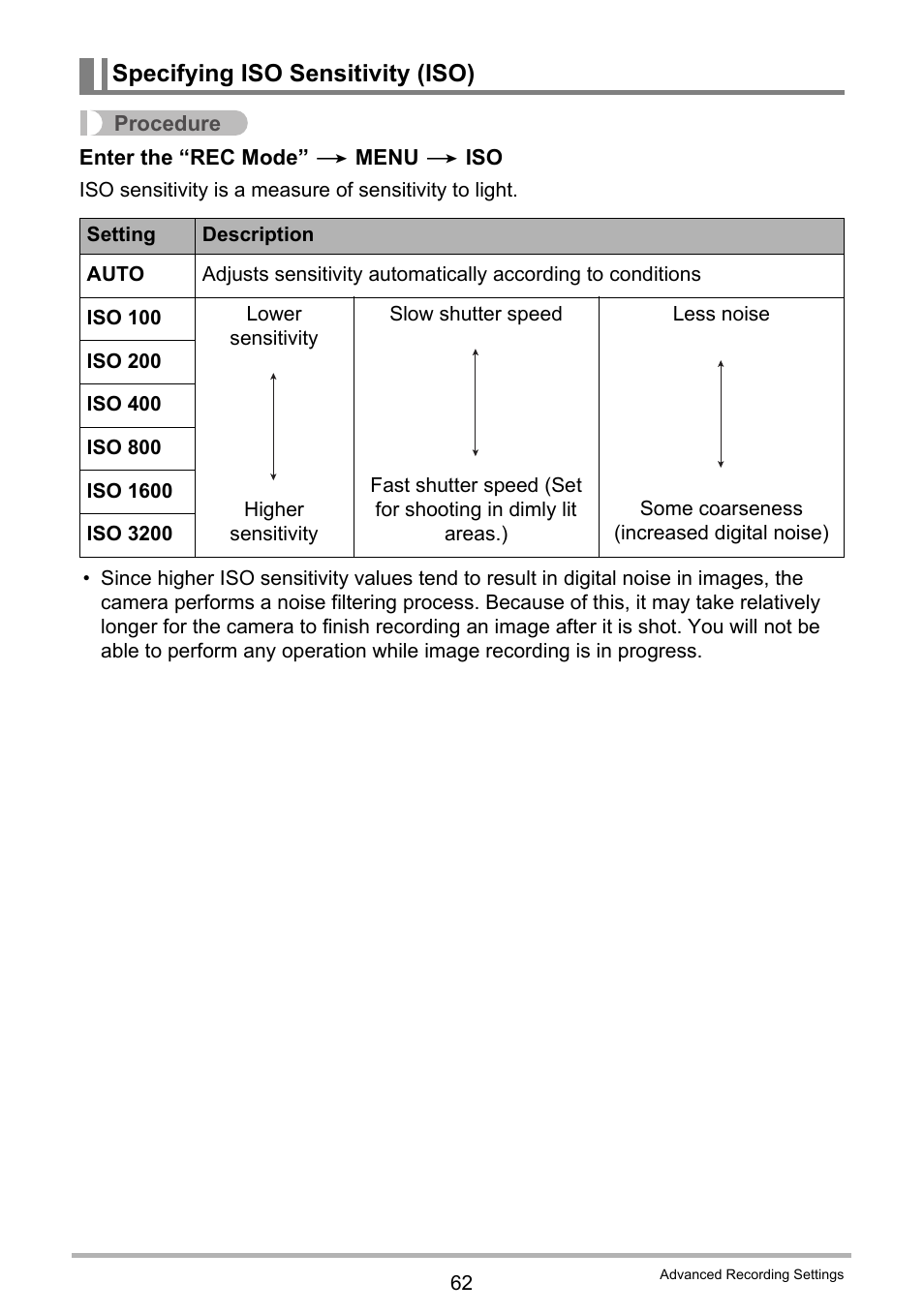 Specifying iso sensitivity (iso) | Casio EX-TR200 User Manual | Page 62 / 129