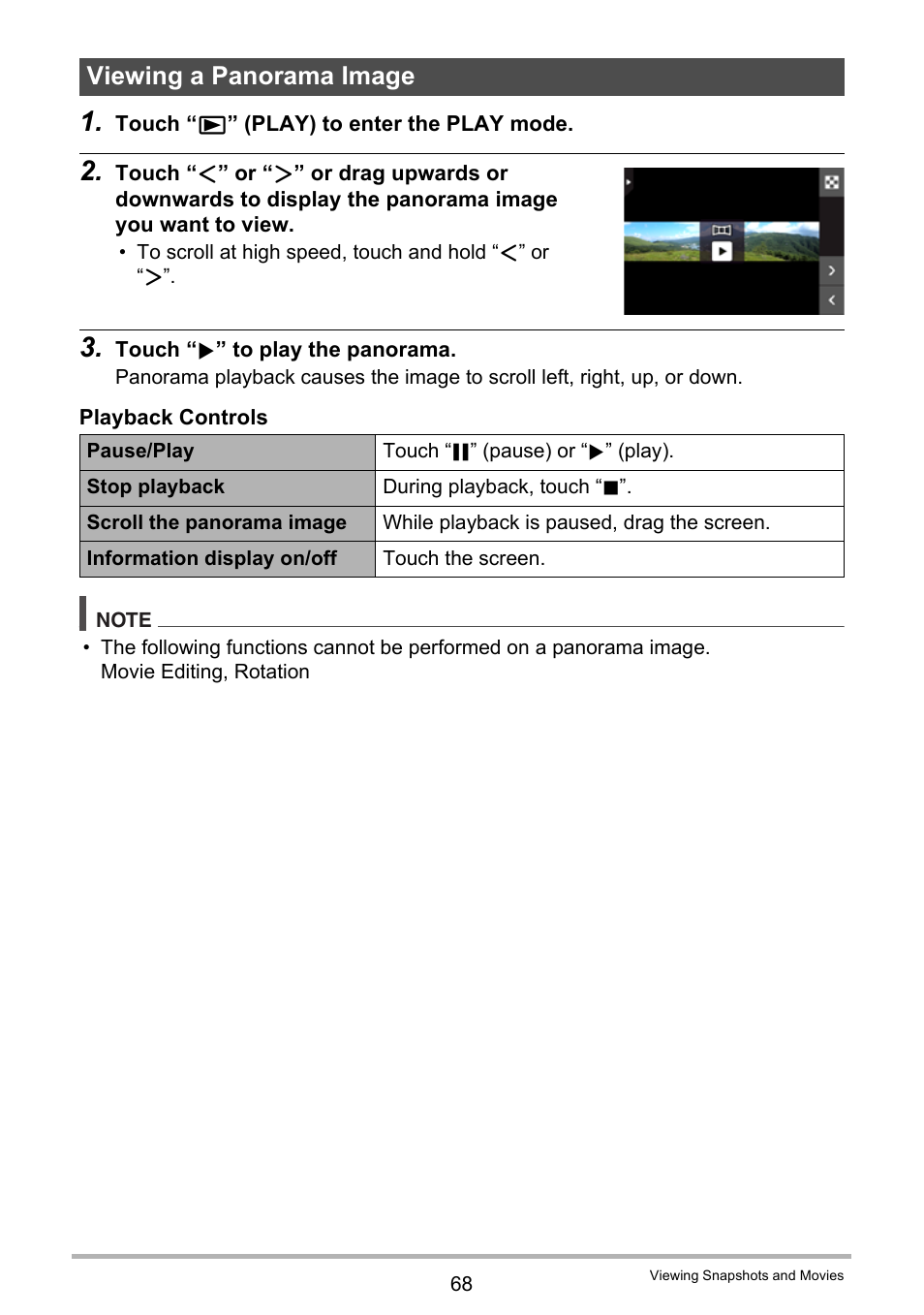 Viewing a panorama image | Casio EX-TR200 User Manual | Page 68 / 129
