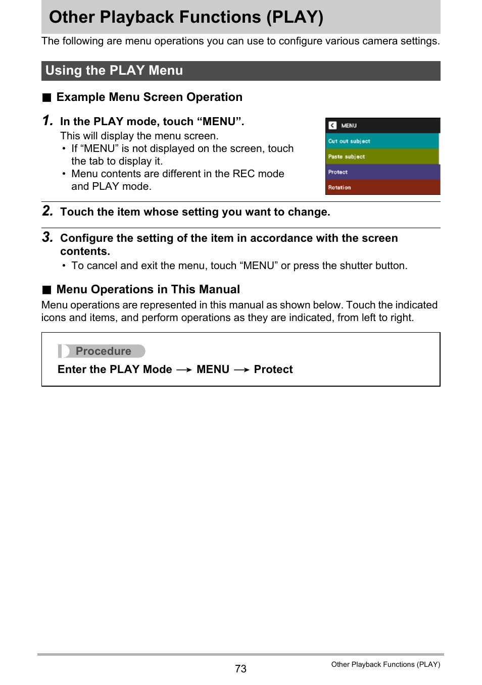 Other playback functions (play), Using the play menu, Other playback functions | Play) 73 | Casio EX-TR200 User Manual | Page 73 / 129