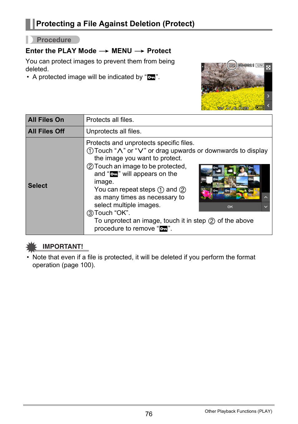 Protecting a file against deletion (protect) | Casio EX-TR200 User Manual | Page 76 / 129