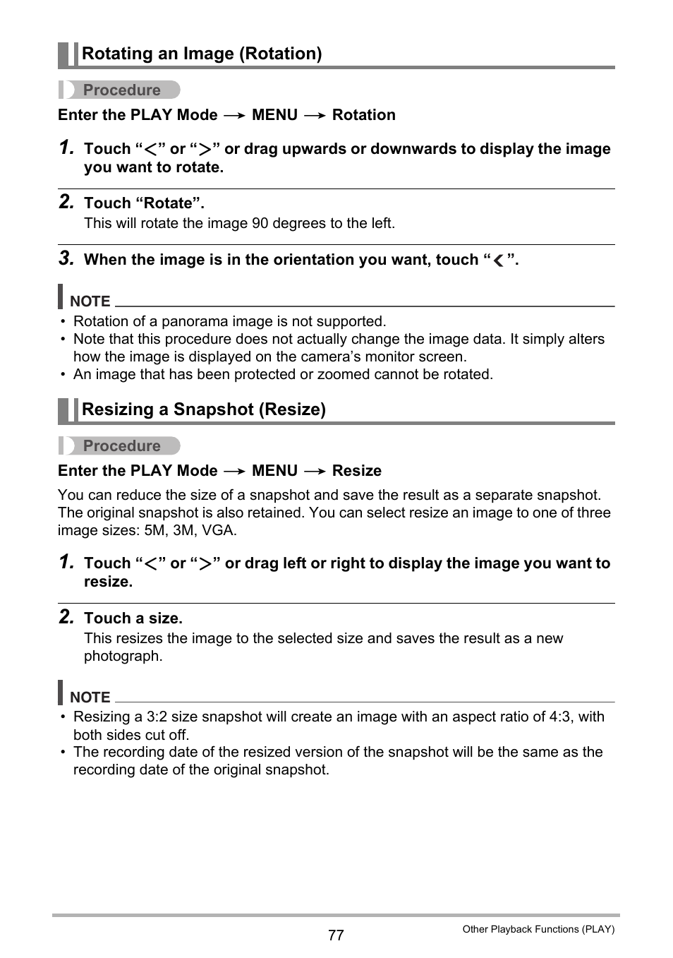 Rotating an image (rotation), Resizing a snapshot (resize) | Casio EX-TR200 User Manual | Page 77 / 129