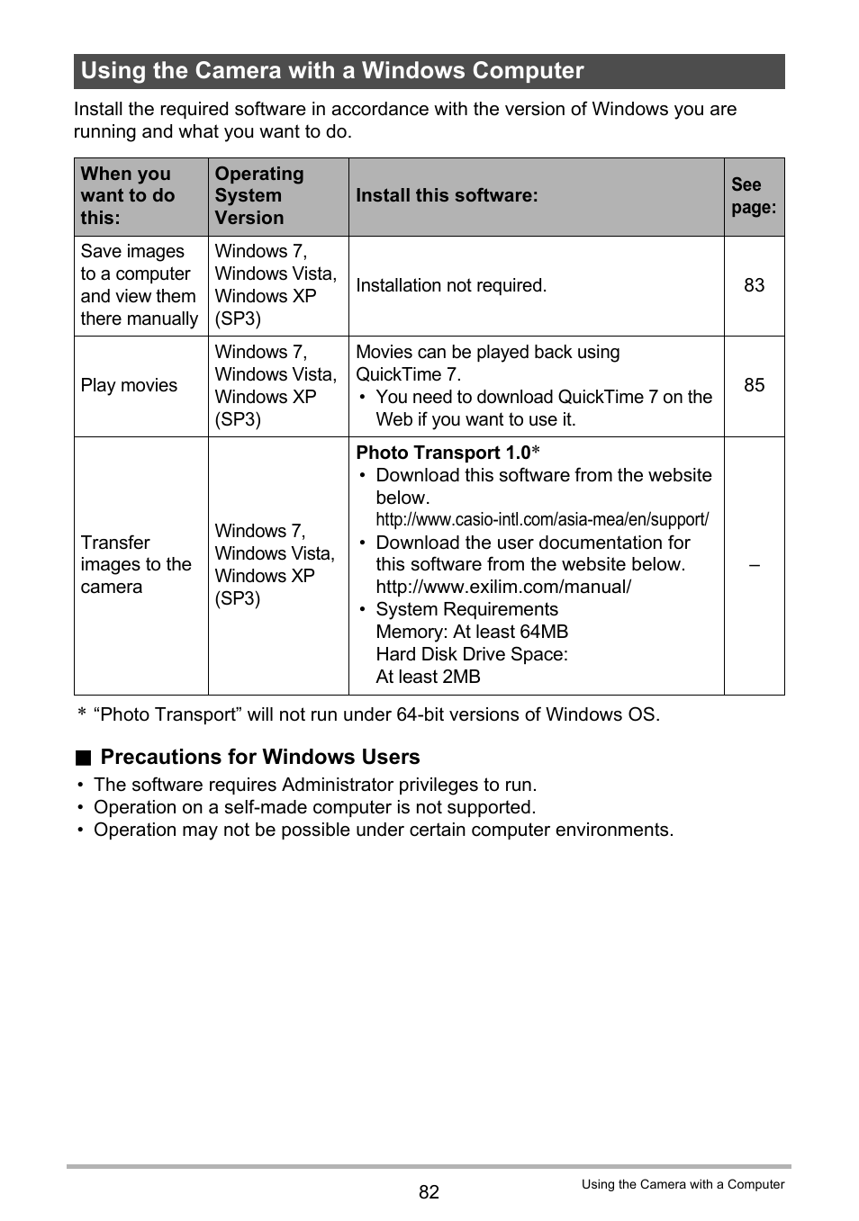 Using the camera with a windows computer, To “using the camera with a windows computer | Casio EX-TR200 User Manual | Page 82 / 129