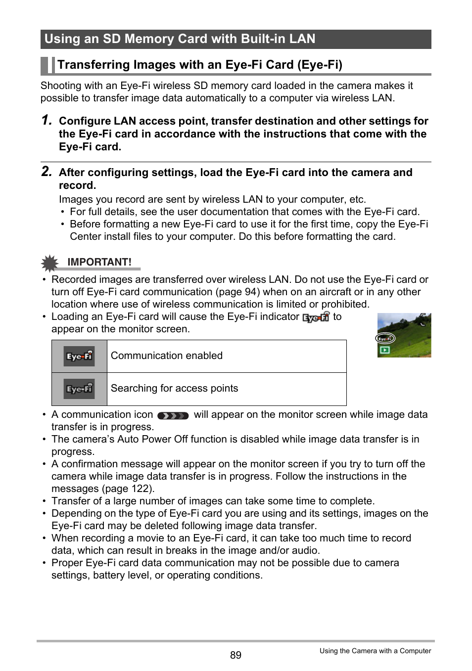 Using an sd memory card with built-in lan, Transferring images with an eye-fi card (eye-fi) | Casio EX-TR200 User Manual | Page 89 / 129