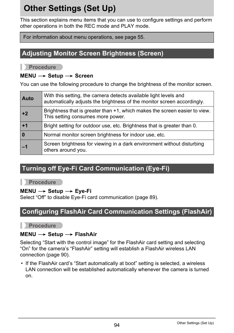 Other settings (set up), Adjusting monitor screen brightness (screen), Turning off eye-fi card communication (eye-fi) | Other settings, Set up) 94 | Casio EX-TR200 User Manual | Page 94 / 129