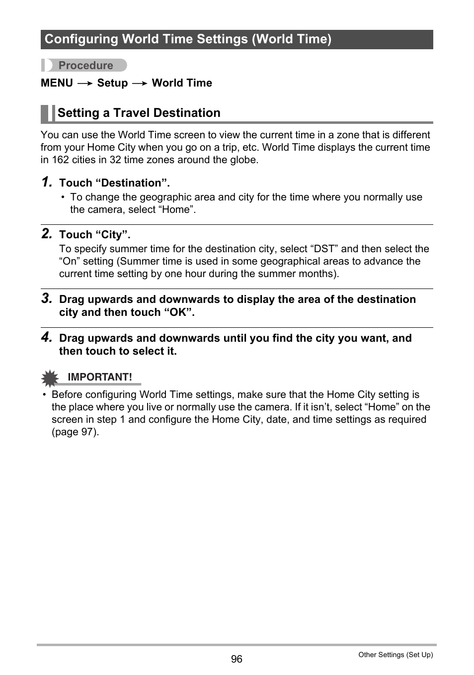 Configuring world time settings (world time), Setting a travel destination | Casio EX-TR200 User Manual | Page 96 / 129