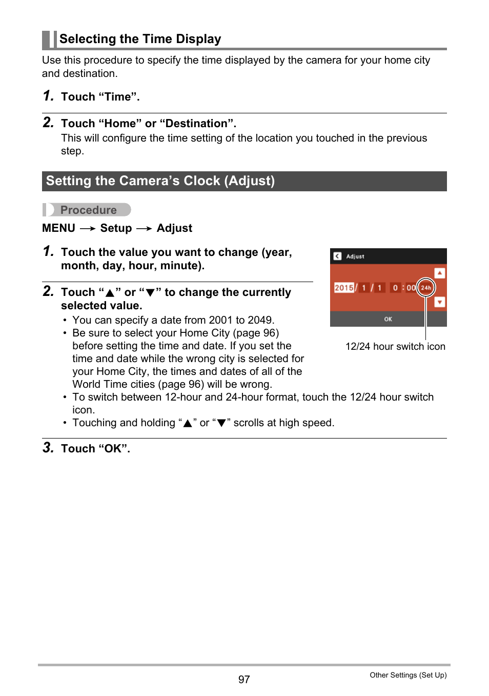 Selecting the time display, Setting the camera’s clock (adjust) | Casio EX-TR200 User Manual | Page 97 / 129