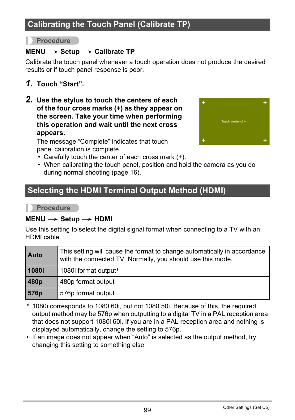 Calibrating the touch panel (calibrate tp), Selecting the hdmi terminal output method (hdmi) | Casio EX-TR200 User Manual | Page 99 / 129