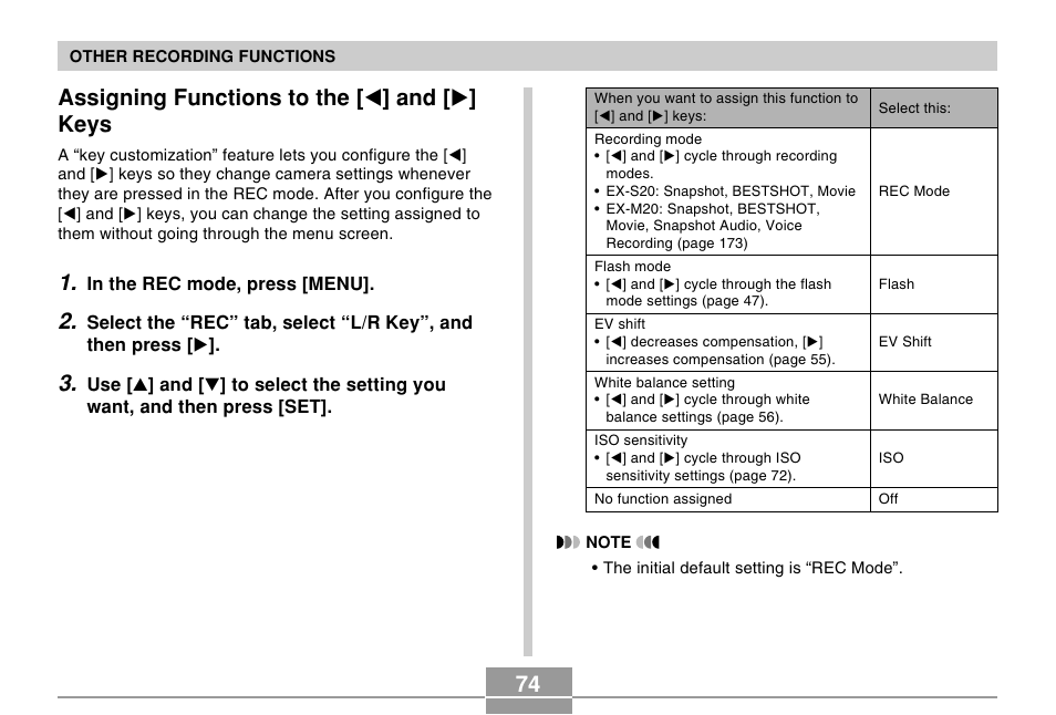 Assigning functions to the [ 왗 ] and [ 왘 ] keys | Casio EX-M20 2 User Manual | Page 32 / 35