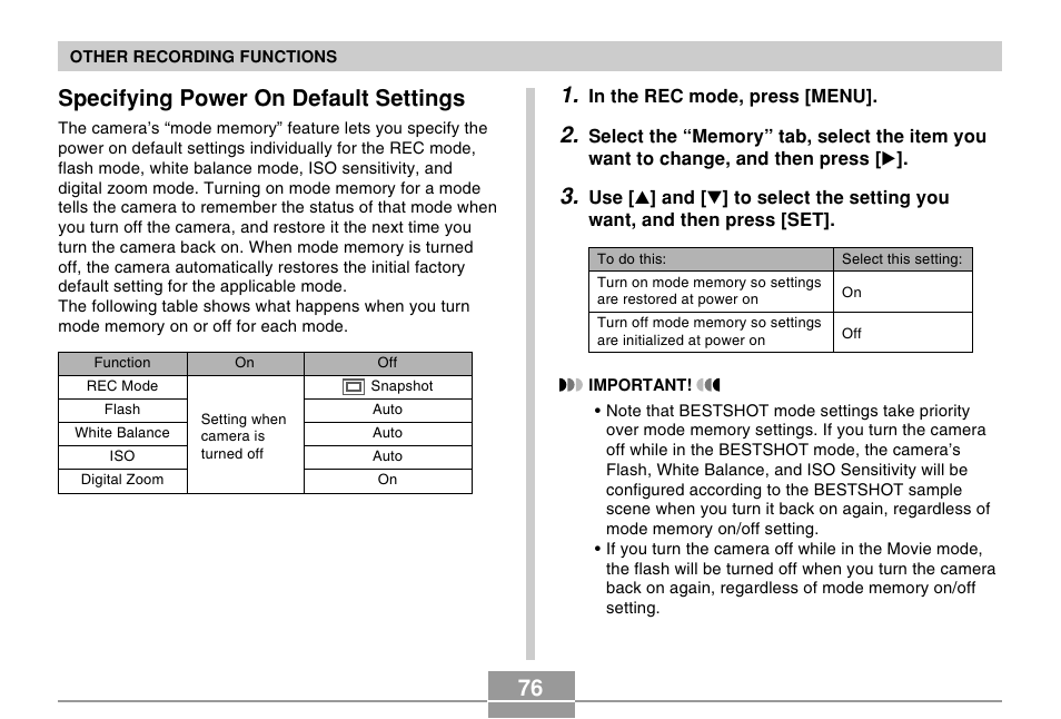 Specifying power on default settings | Casio EX-M20 2 User Manual | Page 34 / 35