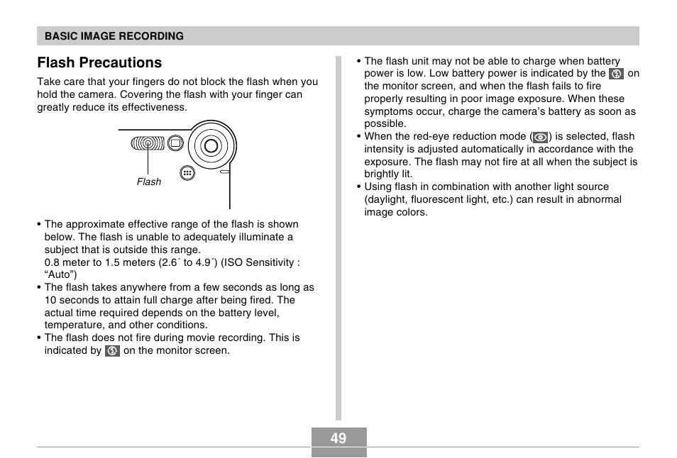 Flash precautions | Casio EX-M20 2 User Manual | Page 7 / 35