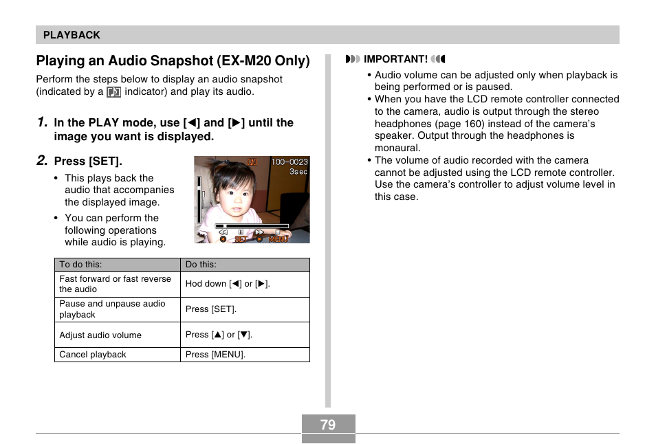 Playing an audio snapshot (ex-m20 only) | Casio EX-M20 3 User Manual | Page 2 / 21