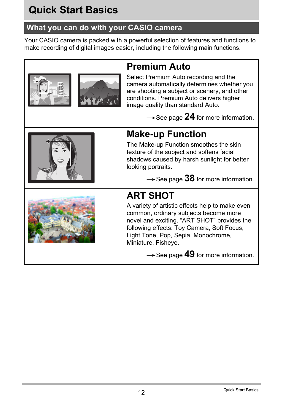 Quick start basics, What you can do with your casio camera, Premium auto | Make-up function, Art shot | Casio EX-N5 User Manual | Page 12 / 132