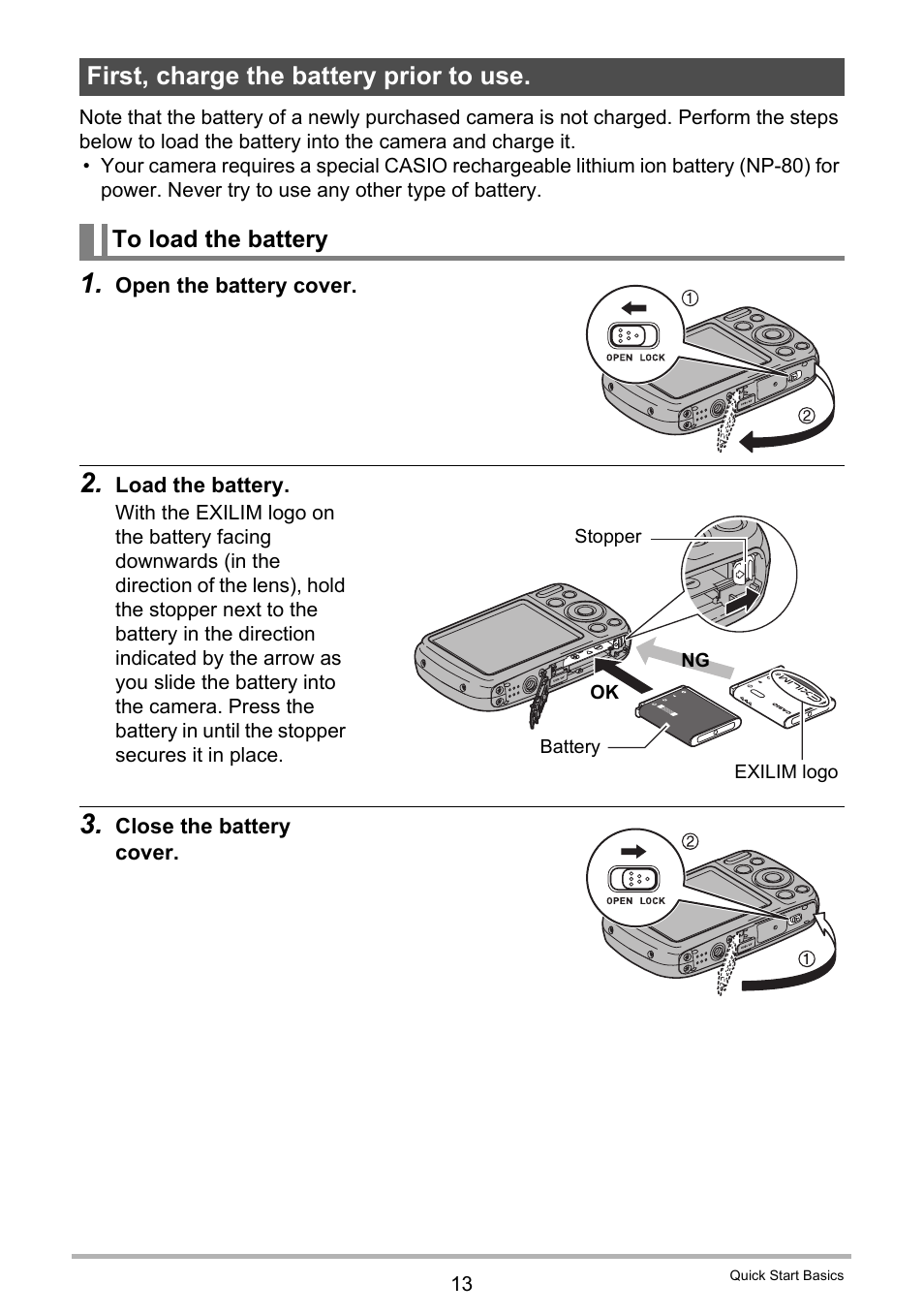 First, charge the battery prior to use, To load the battery | Casio EX-N5 User Manual | Page 13 / 132