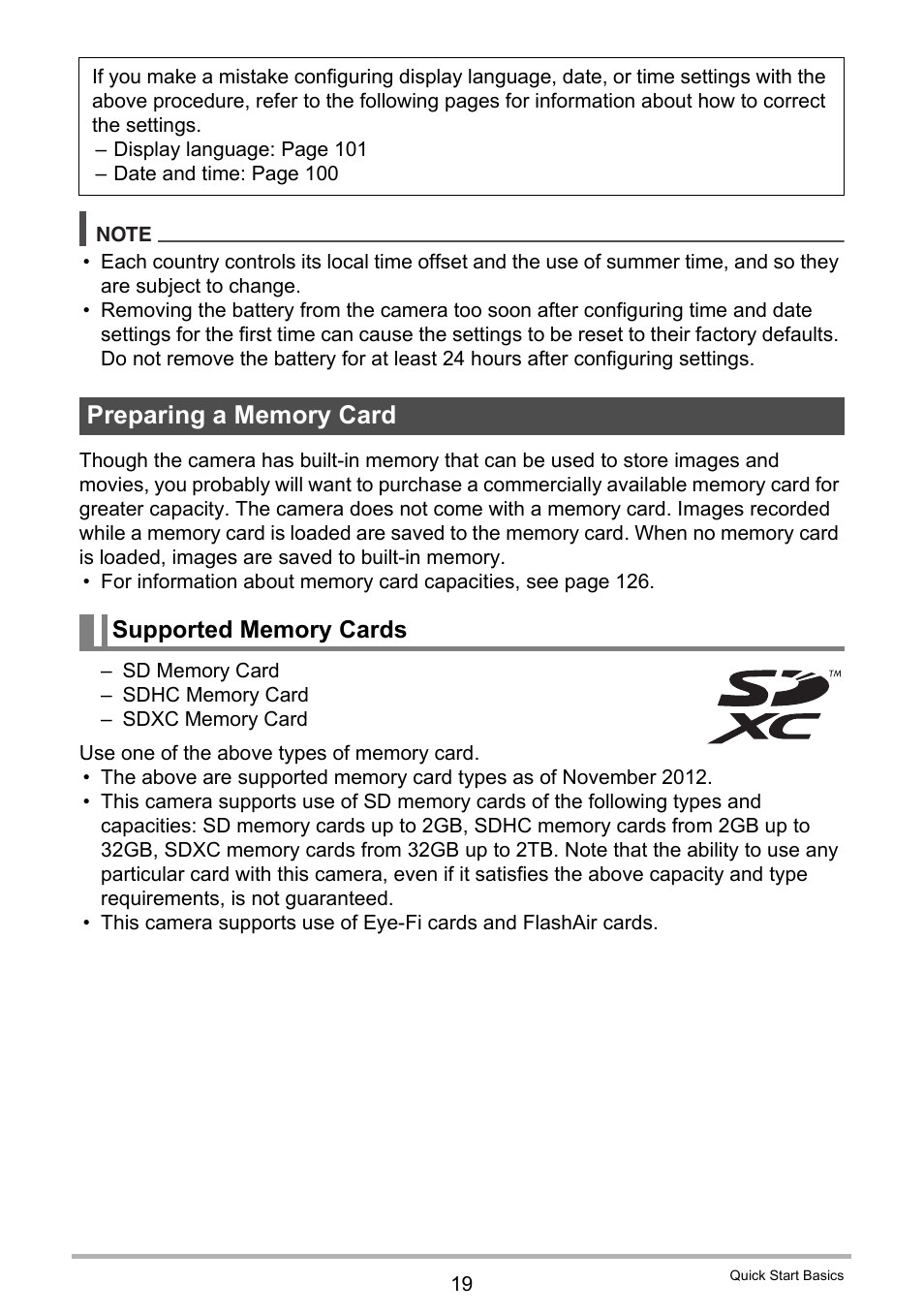 Preparing a memory card, Supported memory cards | Casio EX-N5 User Manual | Page 19 / 132