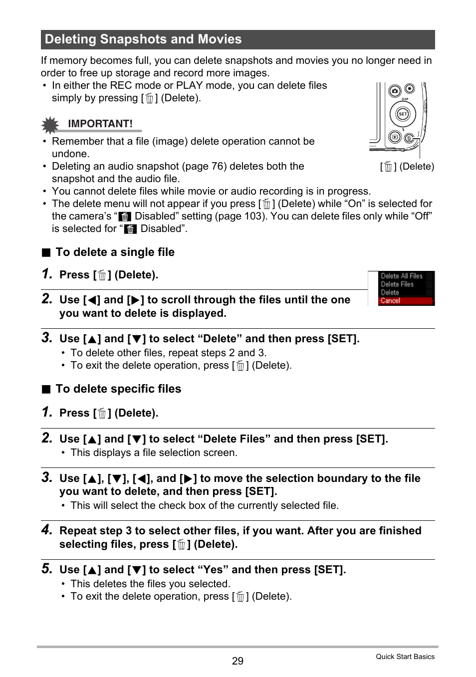 Deleting snapshots and movies | Casio EX-N5 User Manual | Page 29 / 132