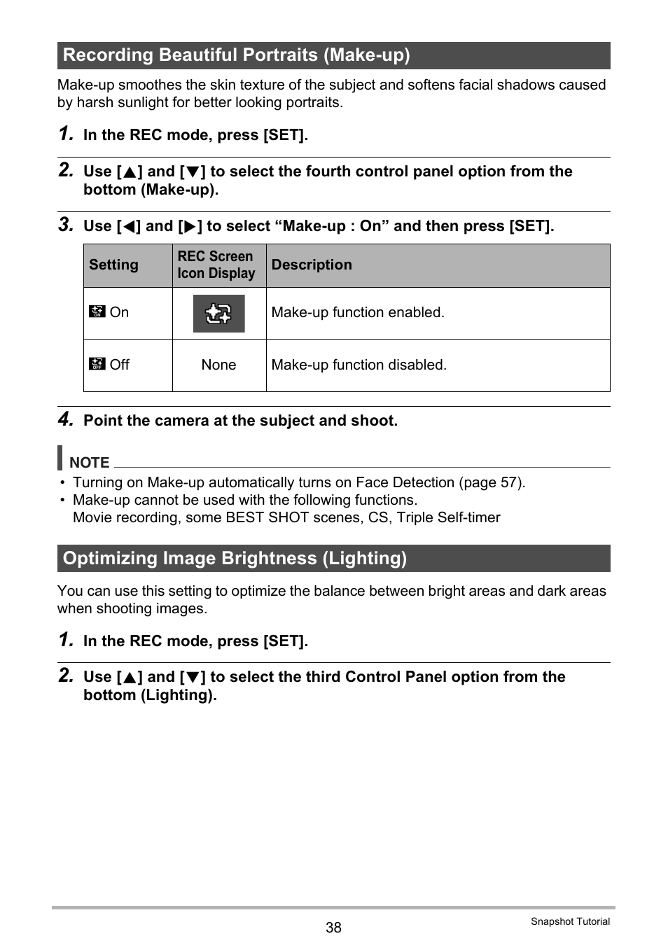 Recording beautiful portraits (make-up), Optimizing image brightness (lighting) | Casio EX-N5 User Manual | Page 38 / 132