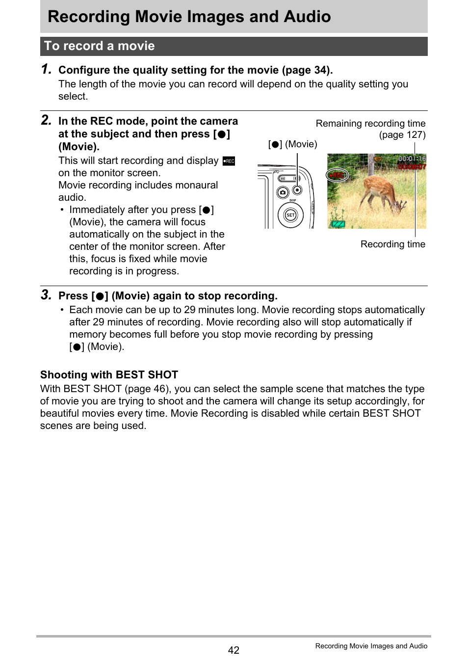 Recording movie images and audio, To record a movie | Casio EX-N5 User Manual | Page 42 / 132