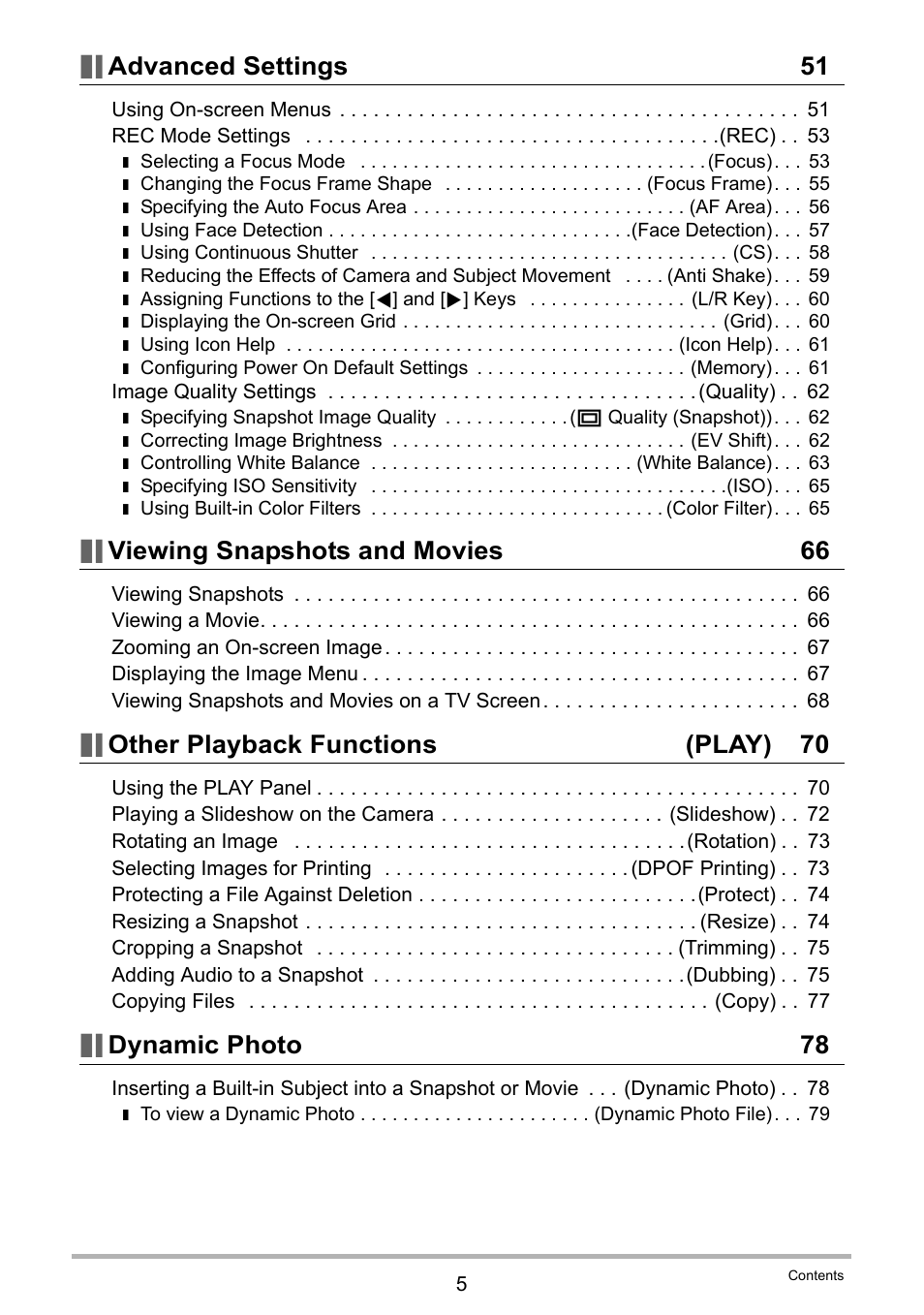 Advanced settings 51, Viewing snapshots and movies 66, Other playback functions (play) 70 | Dynamic photo 78 | Casio EX-N5 User Manual | Page 5 / 132