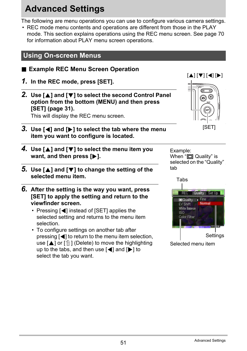 Advanced settings, Using on-screen menus | Casio EX-N5 User Manual | Page 51 / 132