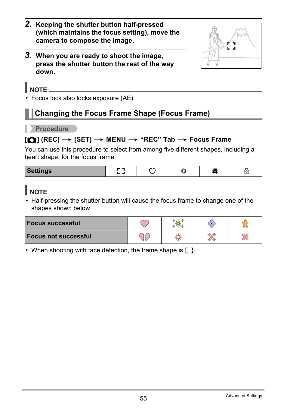 Changing the focus frame shape (focus frame) | Casio EX-N5 User Manual | Page 55 / 132