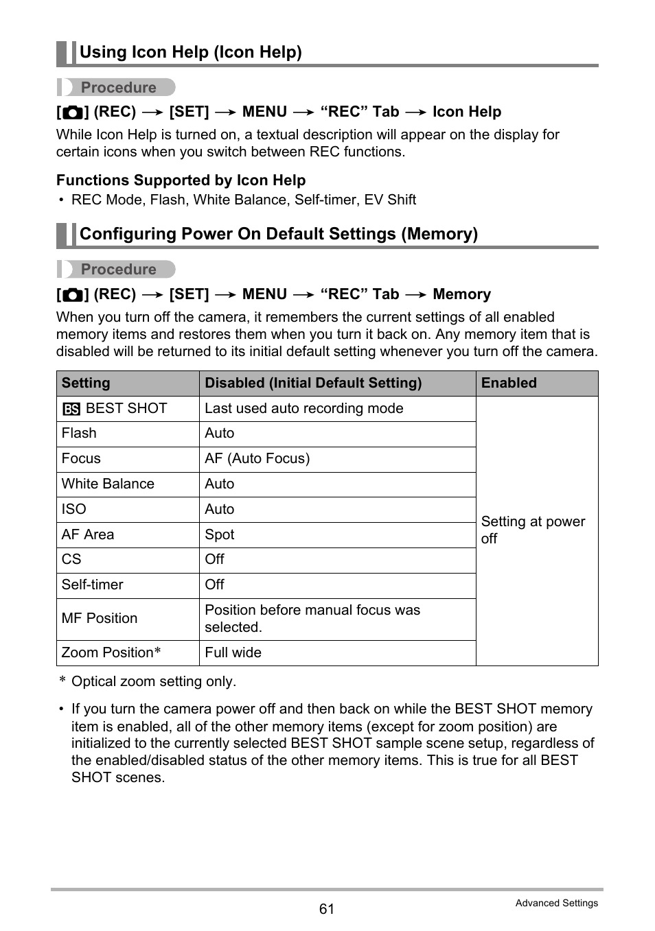 Using icon help (icon help), Configuring power on default settings (memory) | Casio EX-N5 User Manual | Page 61 / 132