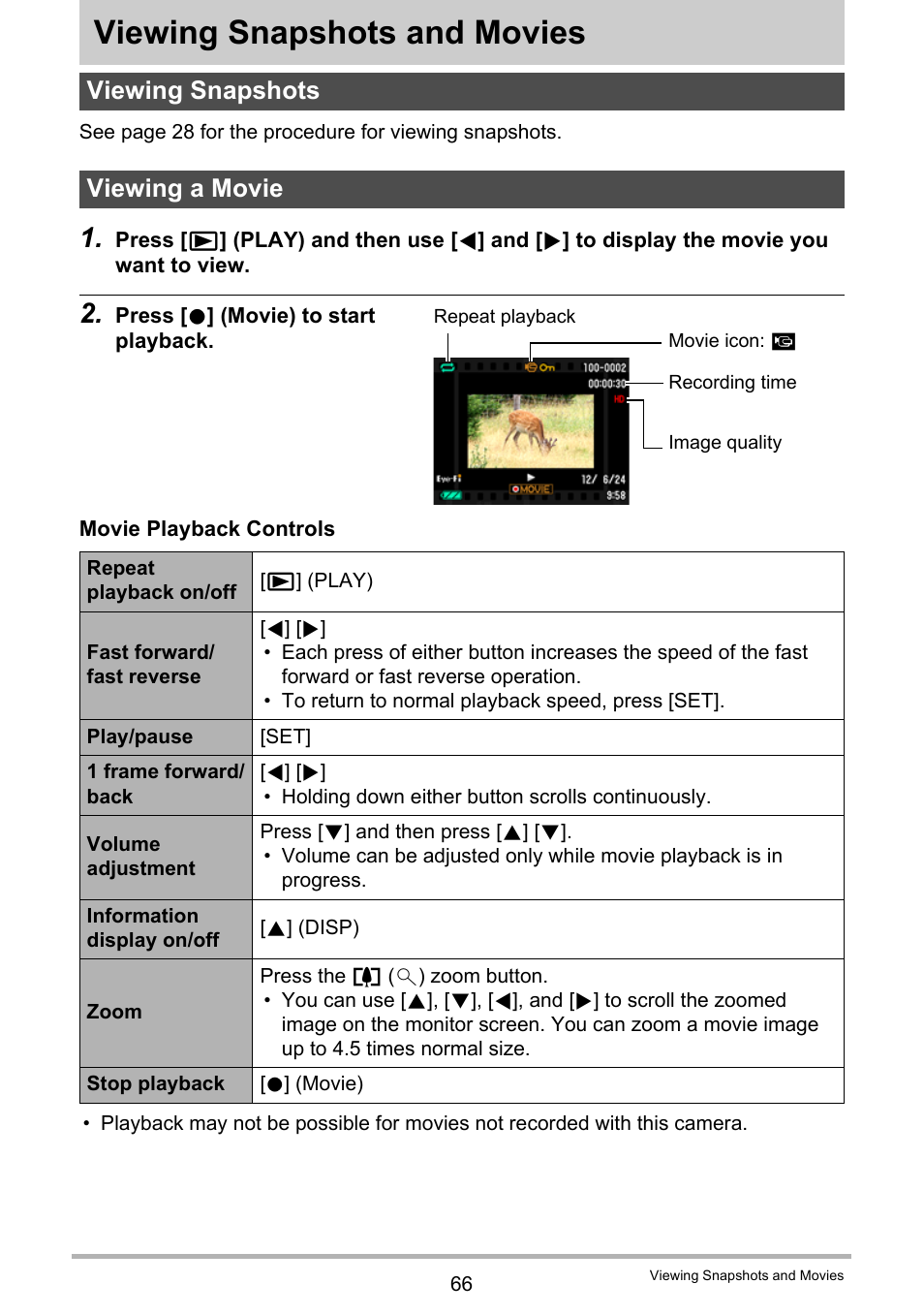 Viewing snapshots and movies, Viewing snapshots, Viewing a movie | Viewing snapshots viewing a movie, Age 66 | Casio EX-N5 User Manual | Page 66 / 132