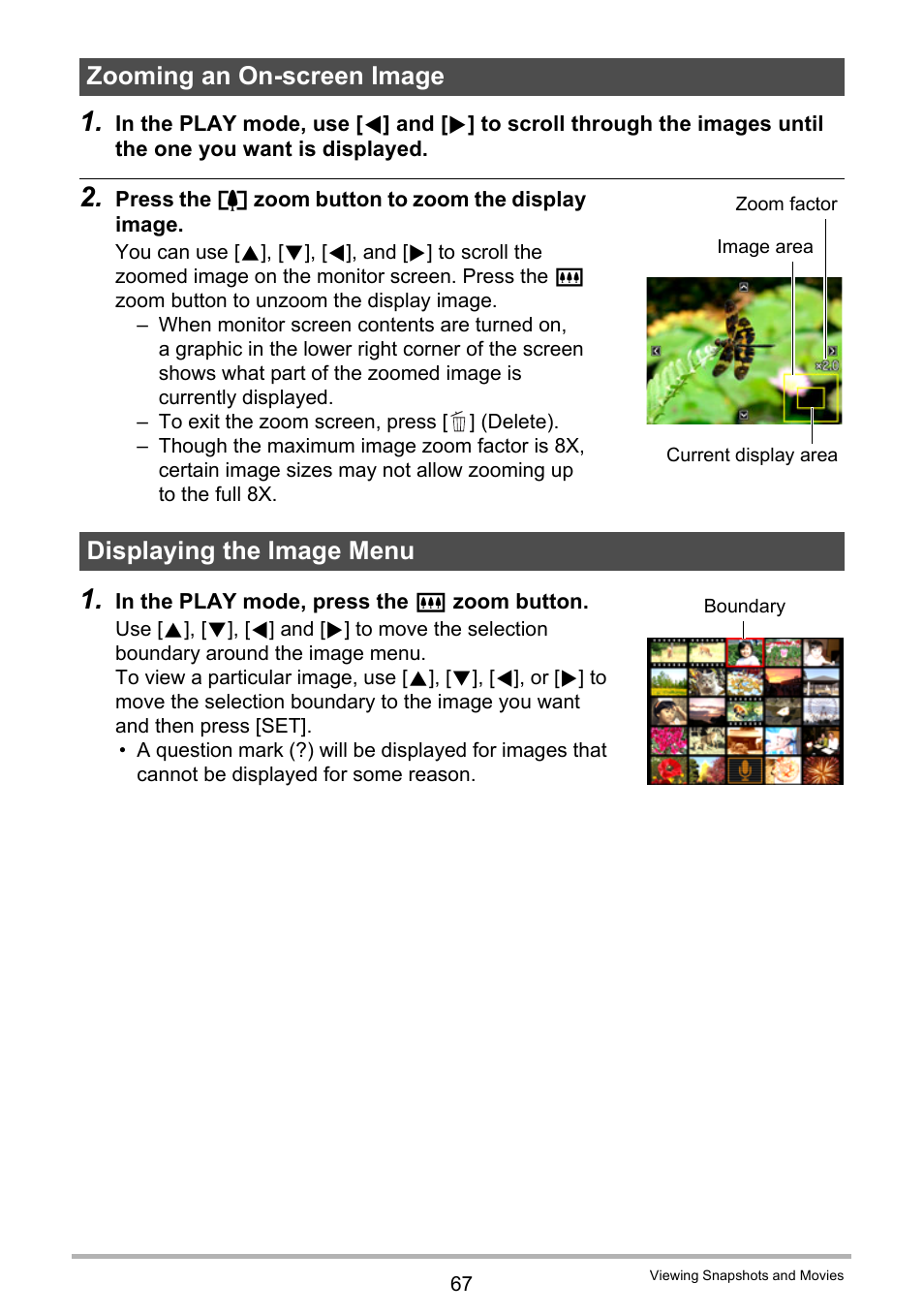 Zooming an on-screen image, Displaying the image menu | Casio EX-N5 User Manual | Page 67 / 132