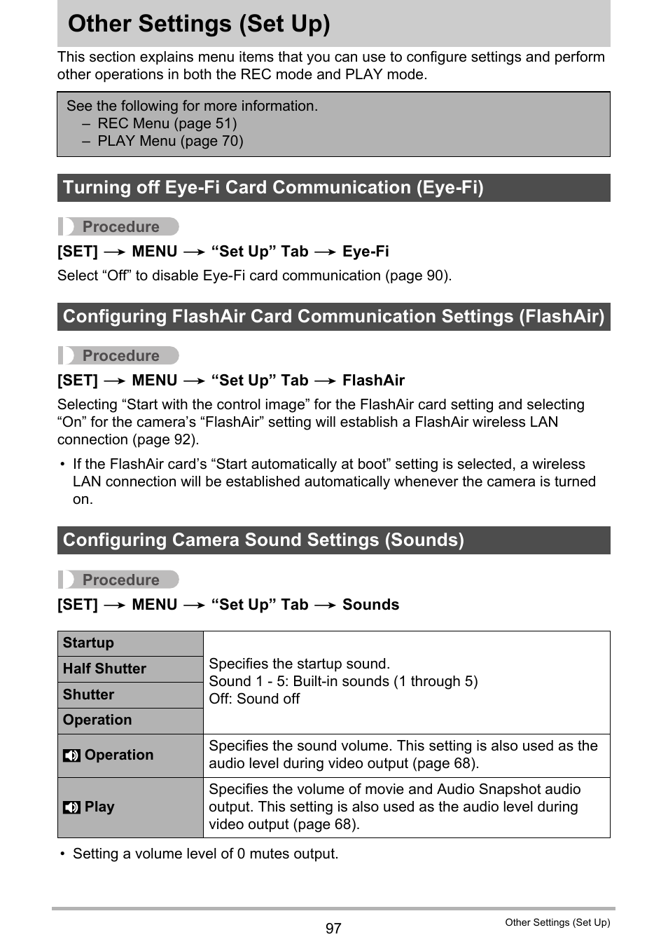 Other settings (set up), Turning off eye-fi card communication (eye-fi), Configuring camera sound settings (sounds) | Other settings, Set up) 97 | Casio EX-N5 User Manual | Page 97 / 132