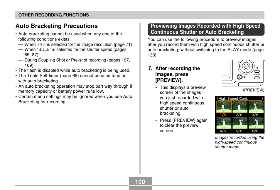 Auto bracketing precautions | Casio EX-P600 User Manual | Page 100 / 247