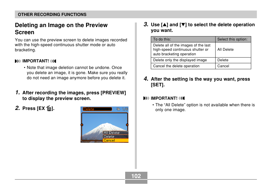 Deleting an image on the preview screen | Casio EX-P600 User Manual | Page 102 / 247