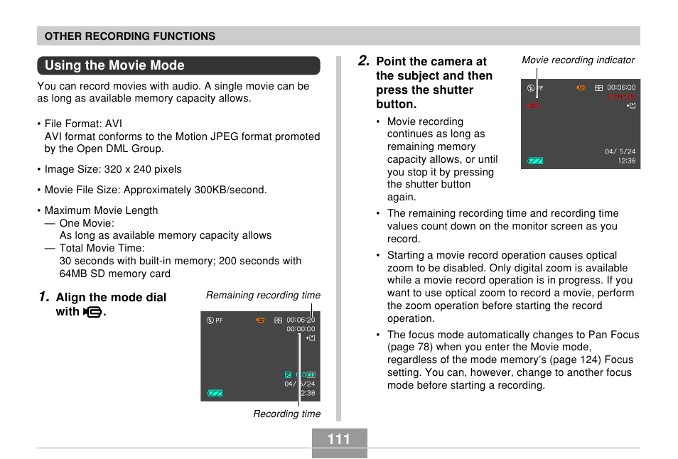 Using the movie mode | Casio EX-P600 User Manual | Page 111 / 247