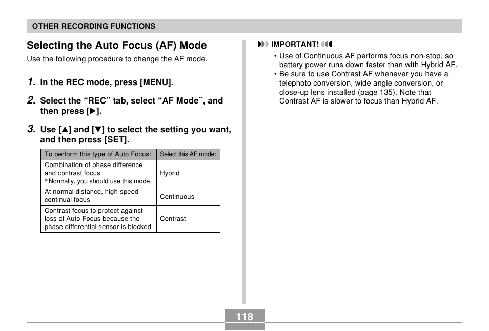 Selecting the auto focus (af) mode | Casio EX-P600 User Manual | Page 118 / 247