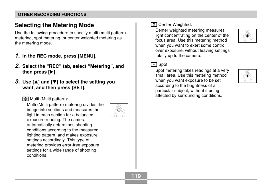 Selecting the metering mode | Casio EX-P600 User Manual | Page 119 / 247