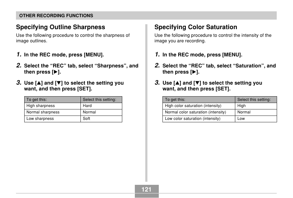 Specifying outline sharpness, Specifying color saturation | Casio EX-P600 User Manual | Page 121 / 247