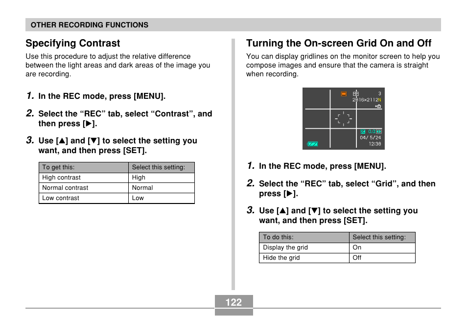 Specifying contrast, Turning the on-screen grid on and off | Casio EX-P600 User Manual | Page 122 / 247