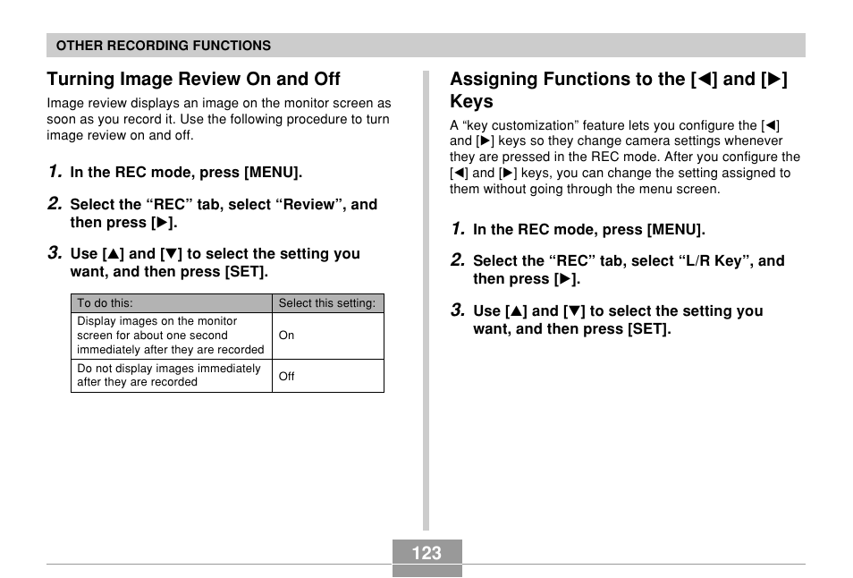 Turning image review on and off, Assigning functions to the [<] and [>] keys, Assigning functions to the [  ] and [  ] keys | Casio EX-P600 User Manual | Page 123 / 247