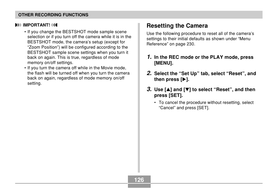 Resetting the camera | Casio EX-P600 User Manual | Page 126 / 247