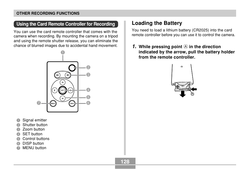 Using the card remote controller for recording, Loading the battery | Casio EX-P600 User Manual | Page 128 / 247