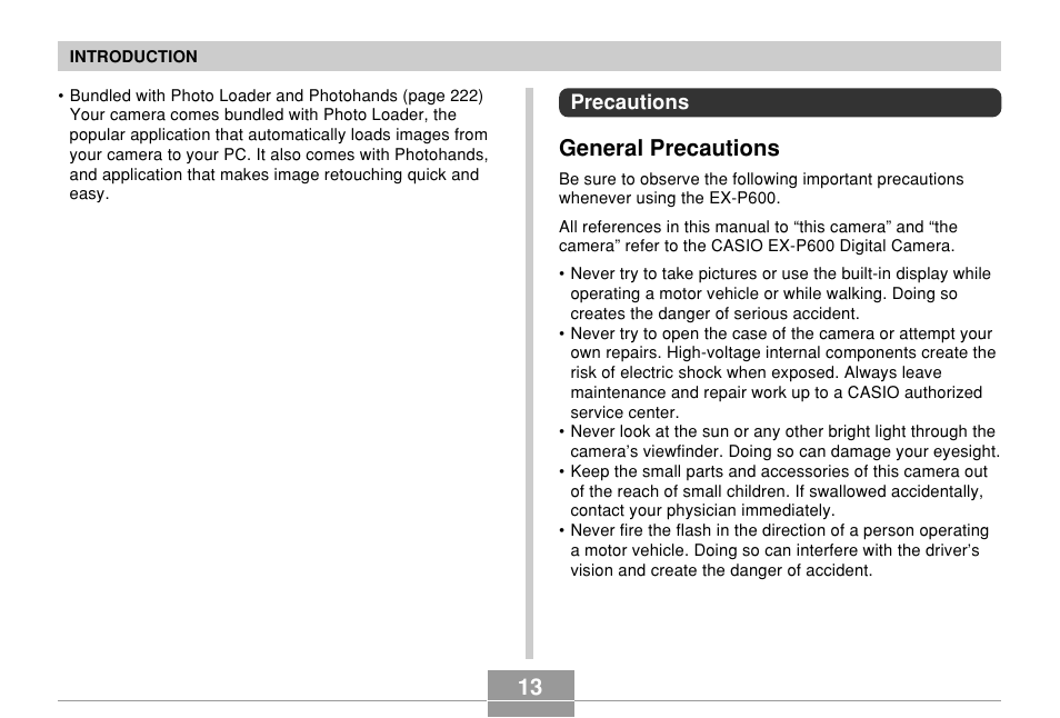 Precautions, General precautions | Casio EX-P600 User Manual | Page 13 / 247